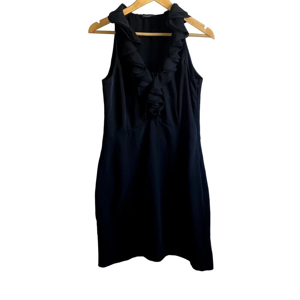 Tahari Women's Black Sleeveless Ruffle Neck Dress Size 12 !